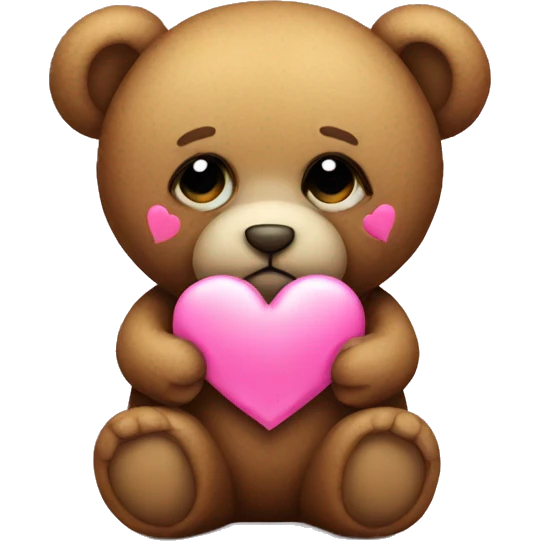 Teddy bear with sad eyes holding a pink heart emoji
