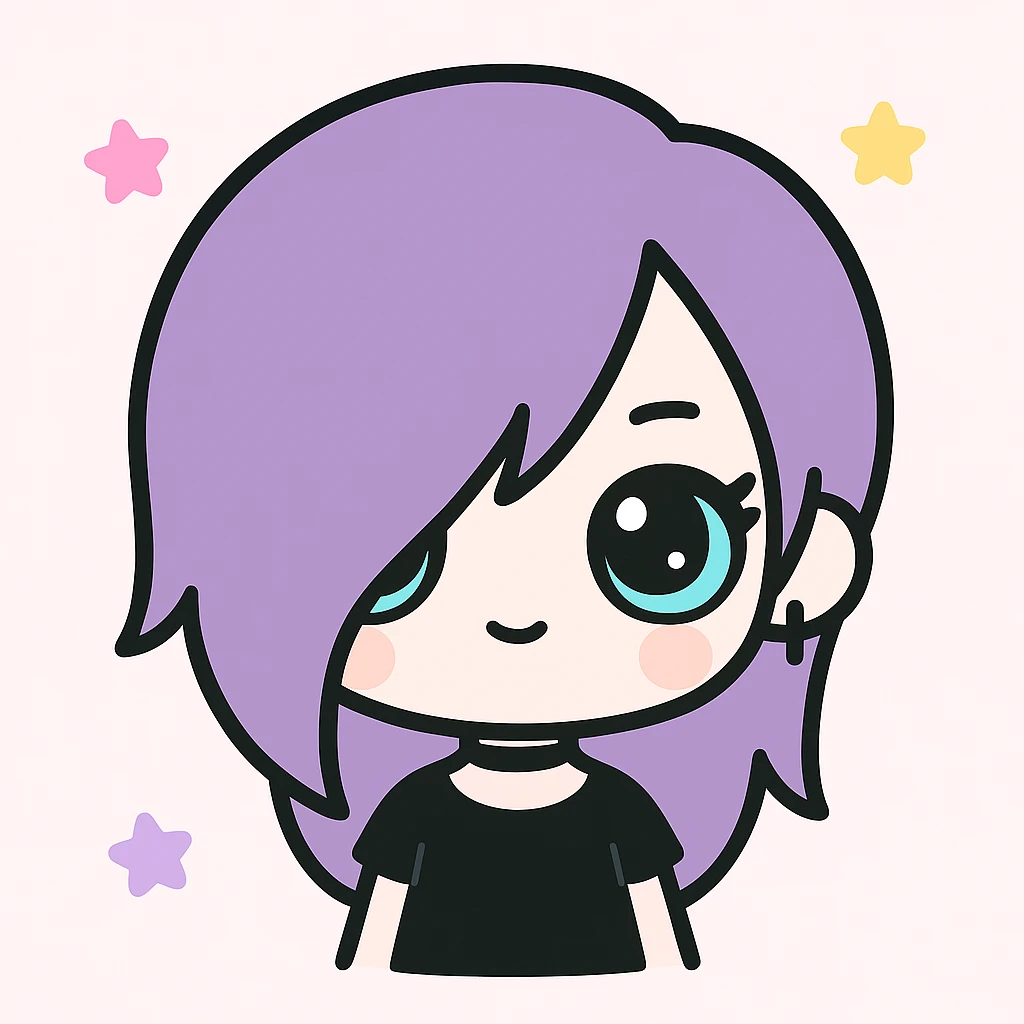 goth girl with purple asymmetrical hair, blue eyes, pale skin, chibi style emoji