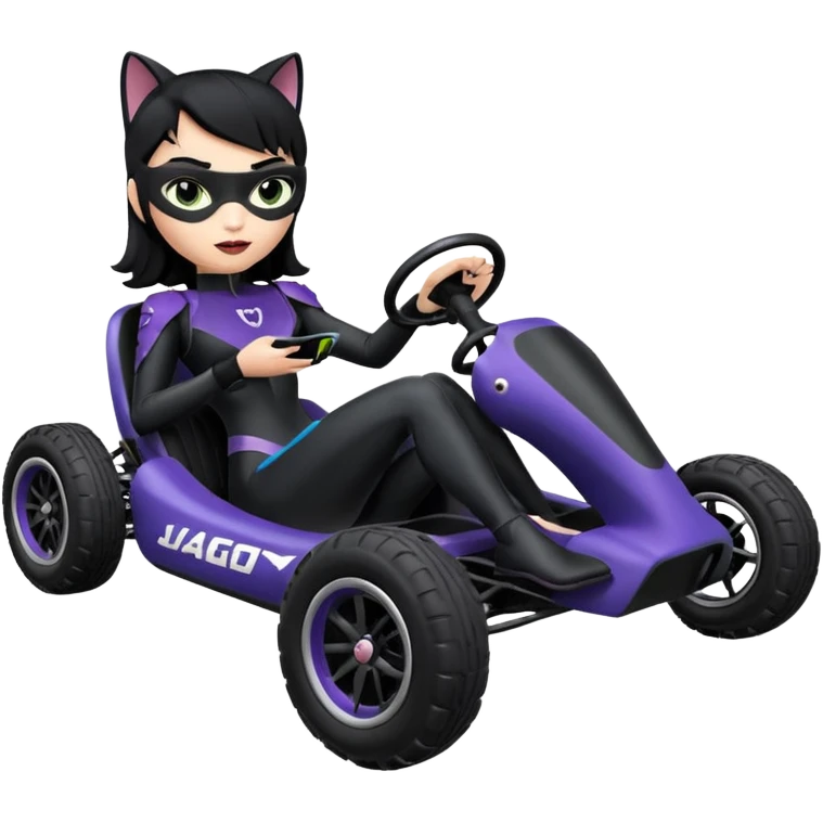 full size real-appearance electric road Lego racing sexy CatWoman’s feminine midnight-colored tight outfit sixty’s tv show dark stealthy accurate sporty safe plush deluxe off-road pursuit drifting car jaguar (black hair,reclined and relaxed torso and shoulders back seating position) cross kart  emoji