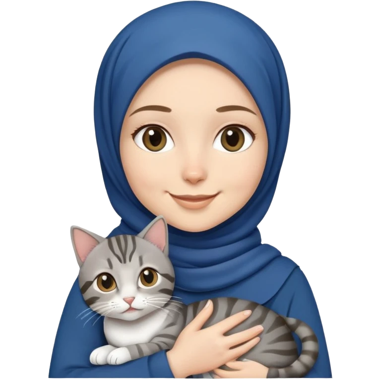 White girl wearing dark blue hijab with white shirt smiling while holding a black grey tabby cat emoji