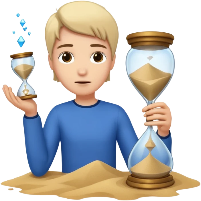Character holding a broken hourglass, sand frozen mid-air emoji