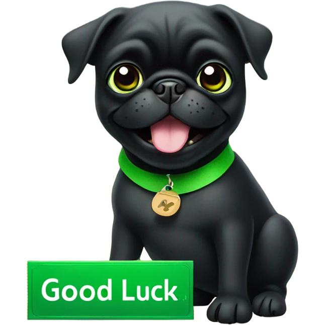 Black pug holding a green sign that says good luck  emoji