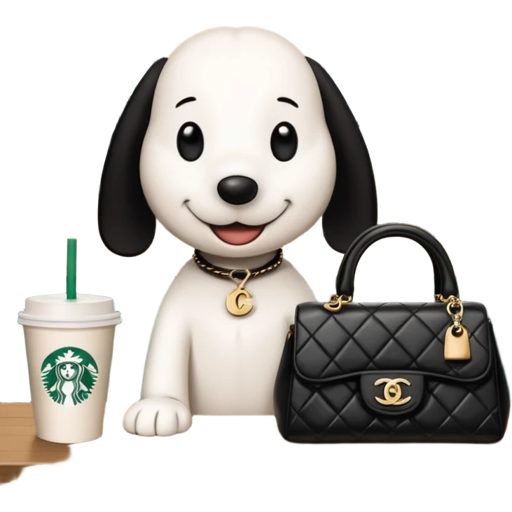 snoopy in a desk with starbucks and his chanel purse emoji