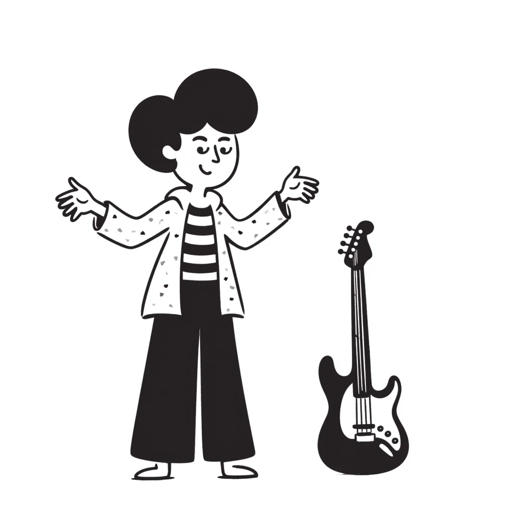A musician smiling and shrugging shoulders with a carefree attitude, happy and unbothered expression, suggesting "it's up to you if you continue like this, I'm happy" emoji