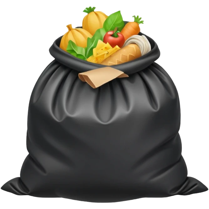 emoji-style icon of a trash bag leaking food waste, flies and stink lines, unsanitary, clear at small size, no text emoji