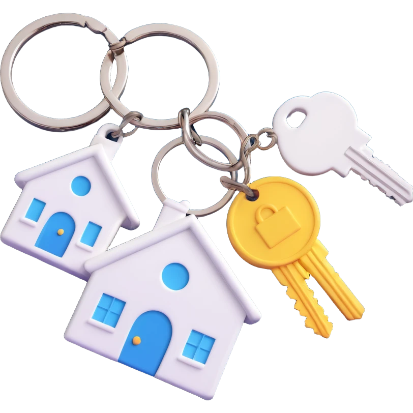 side view of three white keys on a ring with a white house-shaped keychain, 3D Emoji style, soft shadows and highlights, no decoration, transparent background emoji