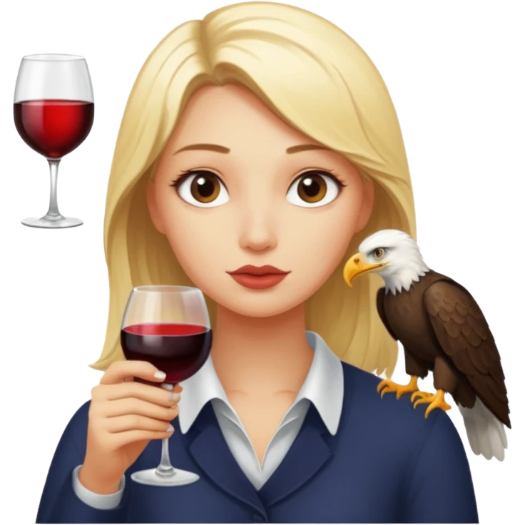 Real picture of an eagle bird blonde girl drinking wine. Write the word Thirsty Thorpie underneath  emoji