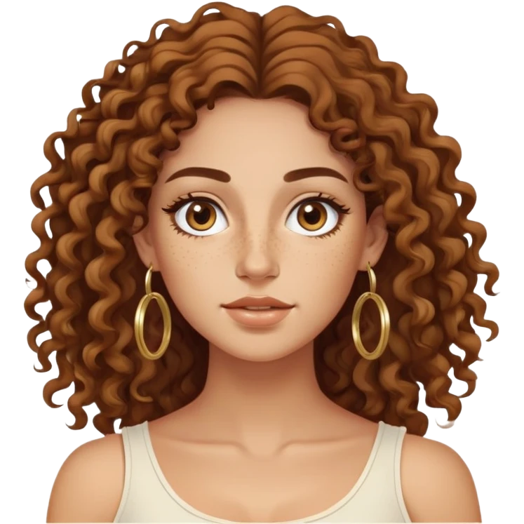 Attractive Greek woman with a wide face, freckles, long curly brown hair and gold hoop earrings emoji