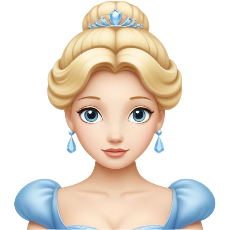 Cinematic Elegant Cinderella Portrait Emoji, rendered in a cinematic, vector-style with minimal shading and bold, simplified shapes. Depict Cinderella in her classic ball gown (chest and above) with fair, porcelain skin and elegantly styled blonde hair, her eyes soft and kind, and her expression serene and graceful. The design glows with a gentle, enchanting radiance and high shine, capturing the timeless beauty of a fairy tale princess. emoji