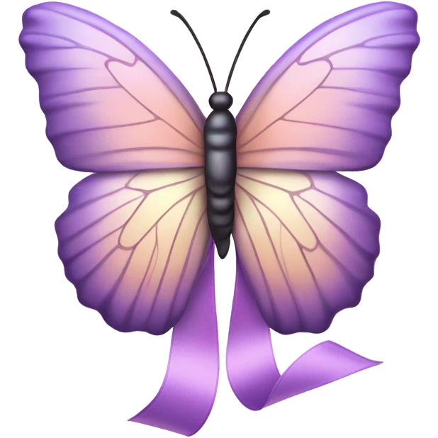 A delicate butterfly with pastel violet and lilac wings resting on a soft pink satin ribbon. emoji