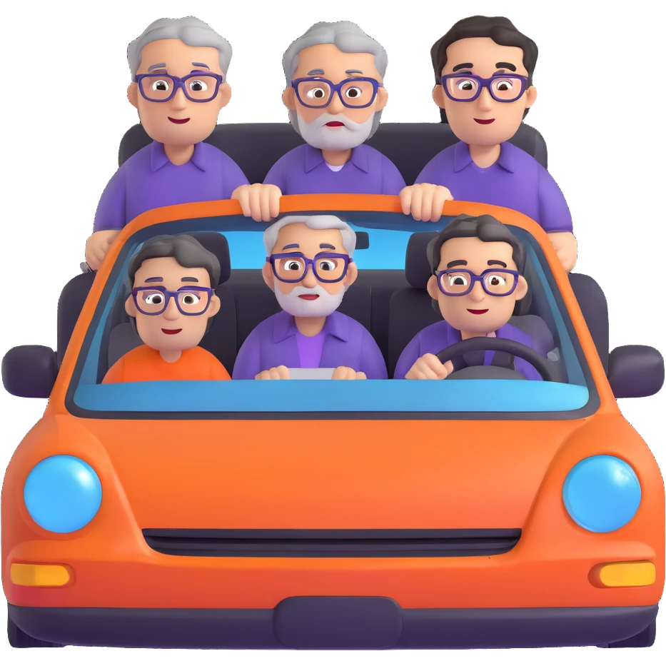 orange car front view with three people inside: driver man with purple shirt, stubble, round face; front seat man with gray hair, glasses, checkered shirt, round face; back seat man with black hair, glasses, black t-shirt, sharp face emoji