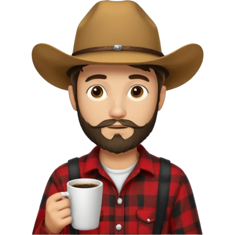 generate an ios genmoji of a 20 year old tan boy with a cowboy hat and side burn beard. Wearing a flannel and carrying a coffee mug emoji