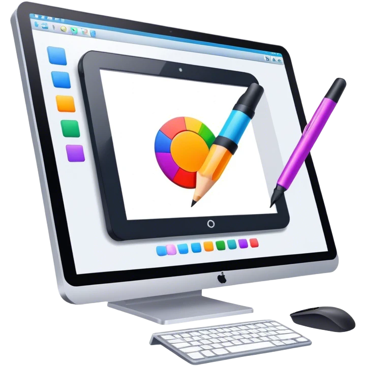 Computer graphics icon, large monitor with graphic design software open, graphic tablet, stylus, vibrant colors, minimalistic style, clean lines, transparent background. emoji