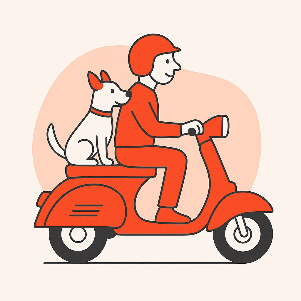 man and his pet dog riding a vespa emoji