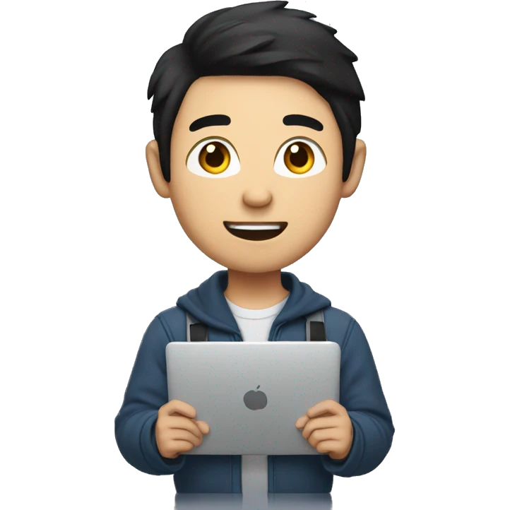 Asian man, black hair, college student holding laptop emoji
