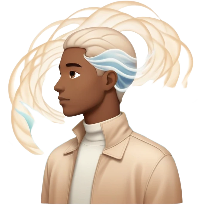 Minimalist male profile surrounded by ethereal energy waves with clothing items and accessories floating around it, style inspiration concept emoji