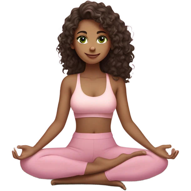 Dark brown long curly hair and green eyes yoga beautiful young woman in light pink pink pink clothes sitting on a yoga mat emoji