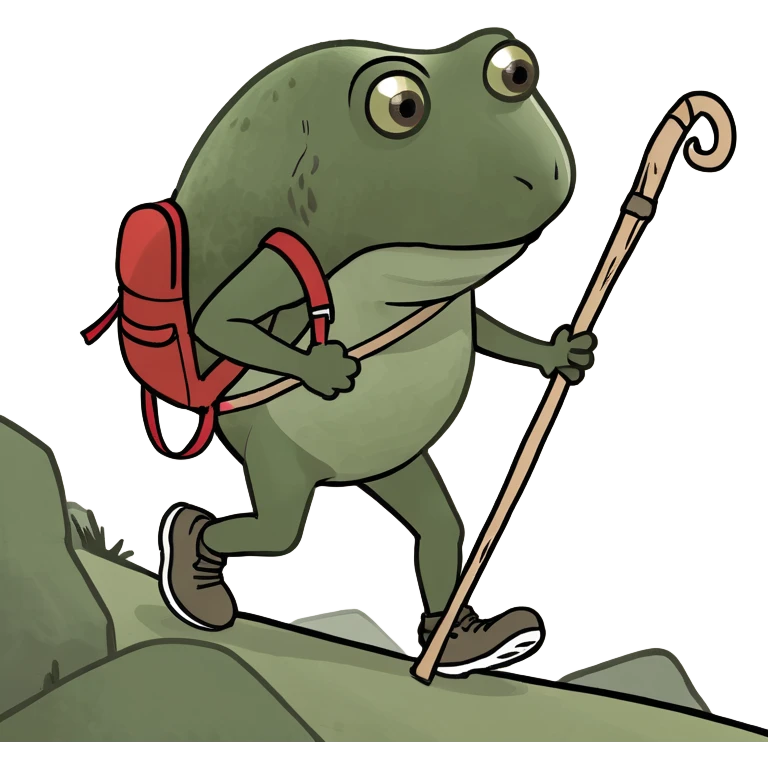 bufo hiking intense uphill with a stick and backpack emoji