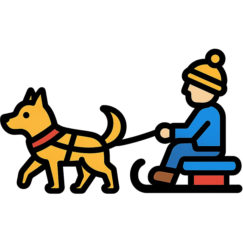 a sled scene pulled by a dog with a rope, simple and educational style emoji