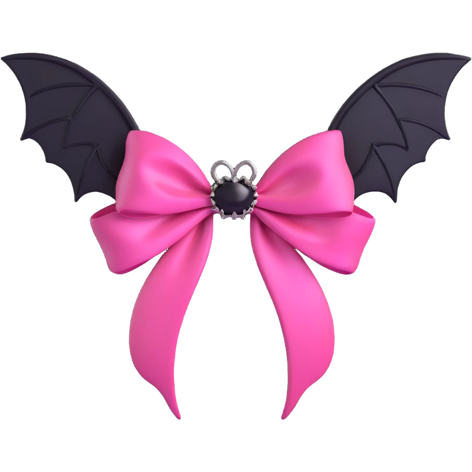3D emoji style pink bow with gothic effect, hot pink satin, black bat wing accents, and silver chain details emoji