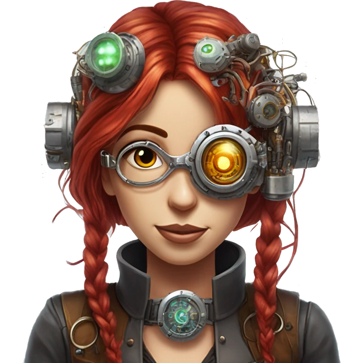 Female cyborg head with long red hair silver steampunk monocle goggles a smile and circuits emoji