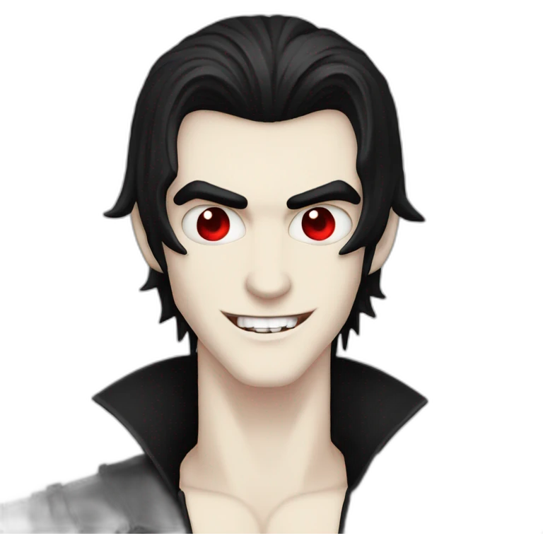 Goth man Vampire teeth, red eyes, pale skin, black hair emoji