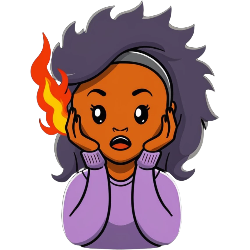 African American woman with long hair, frustrated expression, hair on fire emoji