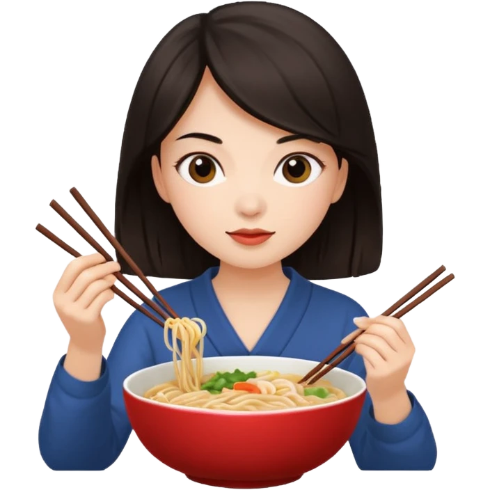 chica joven con piel clara y pelo oscuro comiendo un bowl de comida emoji