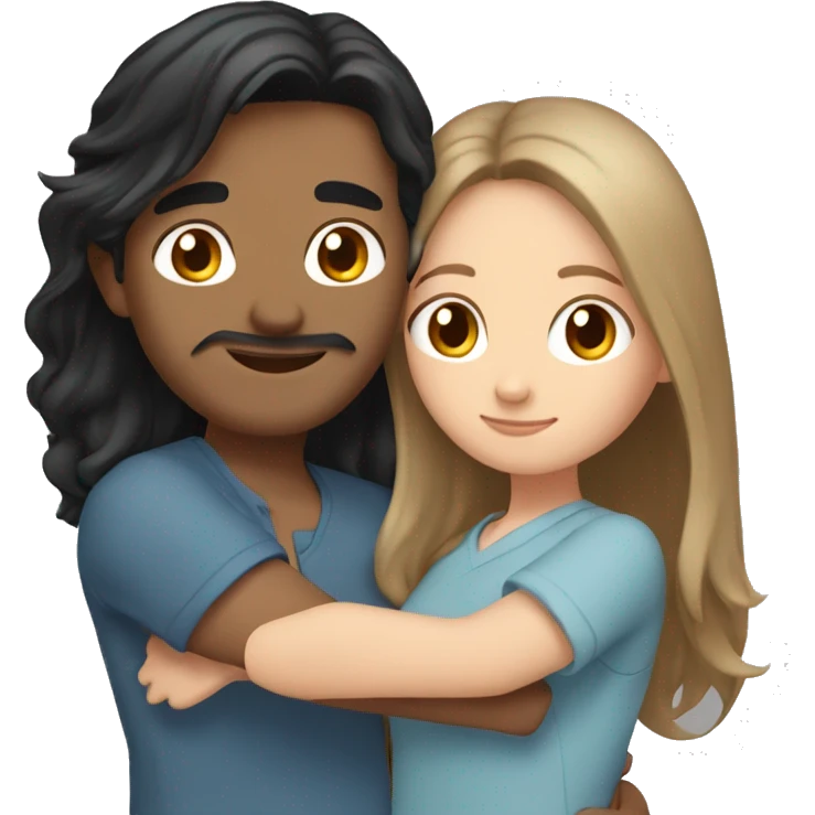 Friends hugging each other. Indian man with black hair. White woman, blue eyes and long light brown hair emoji