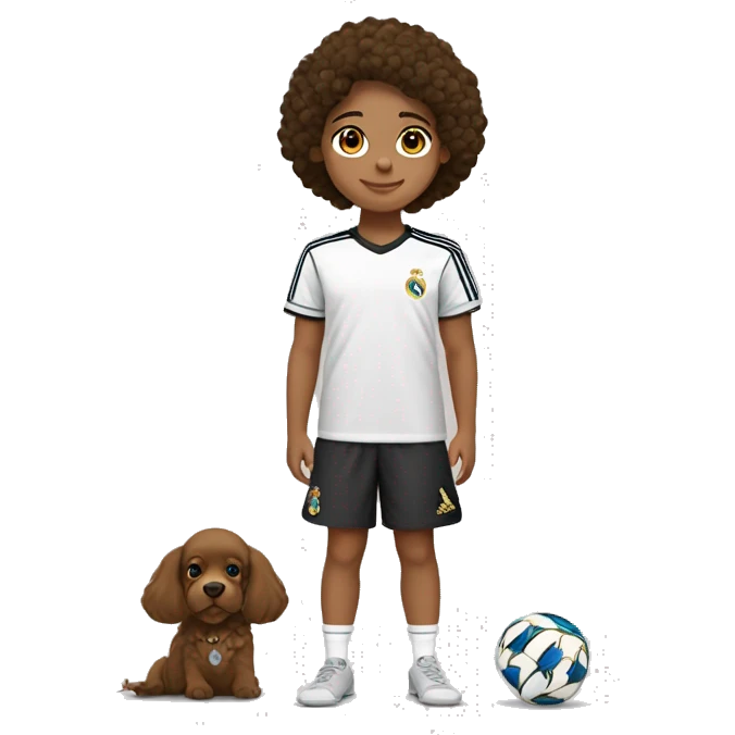 uma menina com cabelo castanho e liso olhos castanho pele bege com a camiseta do real Madrid e um cachorro emoji