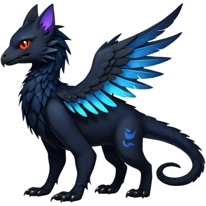 Black Dark Exotic Beaked Feathery Nocturnal Neon-glowing Abyssal Nightly Abyss-Cat-Gryphon-Salandit-Nargacuga-Silvally-Fakémon Creature (full body) emoji