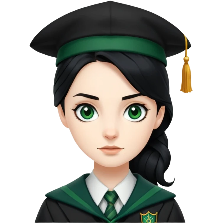 genevieve gaunt is Pansy Parkinson in harry potter, wear hogwarts slytherin uniform, black hair, not wearing hat emoji