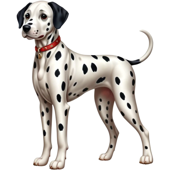 Cinematic Realistic full-body portrait of a Dalmatian dog, rendered with glossy, meticulously detailed spotted fur and expressive, alert eyes, set against a clean, neutral backdrop that highlights its regal and athletic stance. emoji