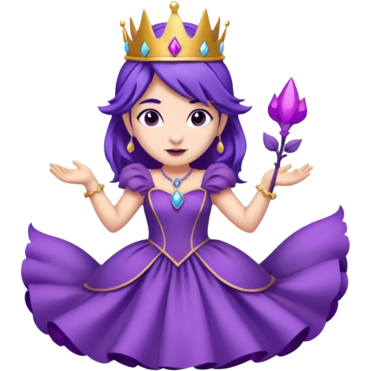 A princess wearing a purple dress and crown with purple hair and purple wolf ears and purple wolf tail character. doing different actions against a white background And make a gap between each illusion emoji