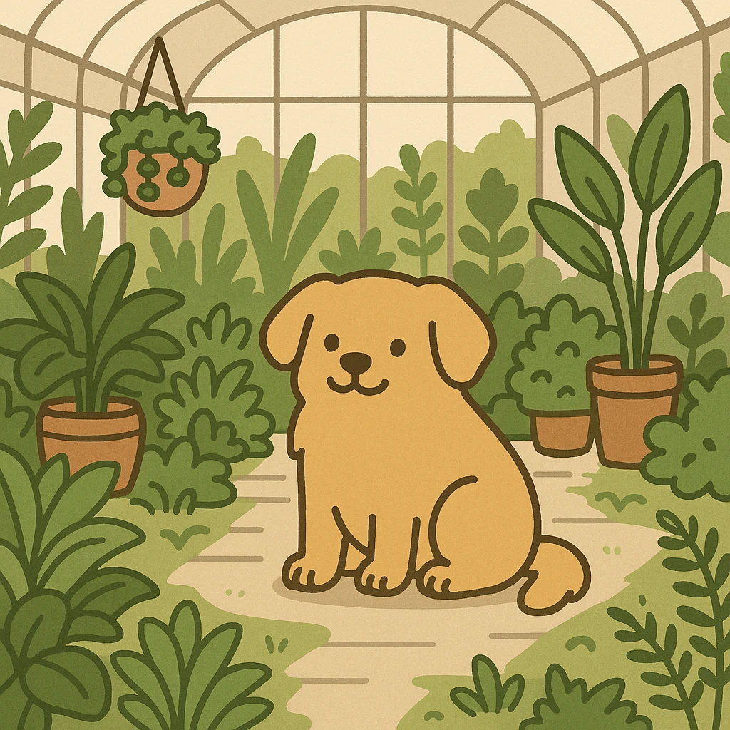 pusheen-style flat toon golden retriever in a botanical garden greenhouse emoji