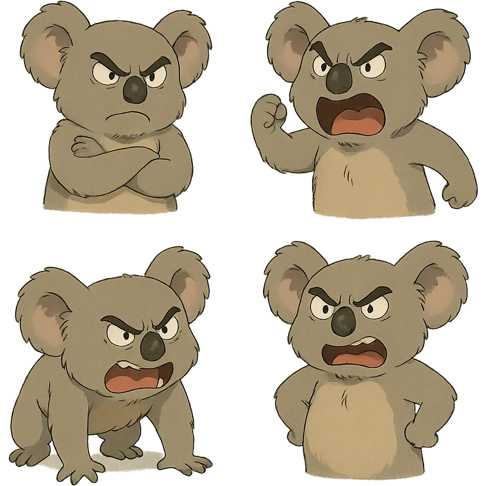angry koala with different poses and expressions in ghibli style emoji