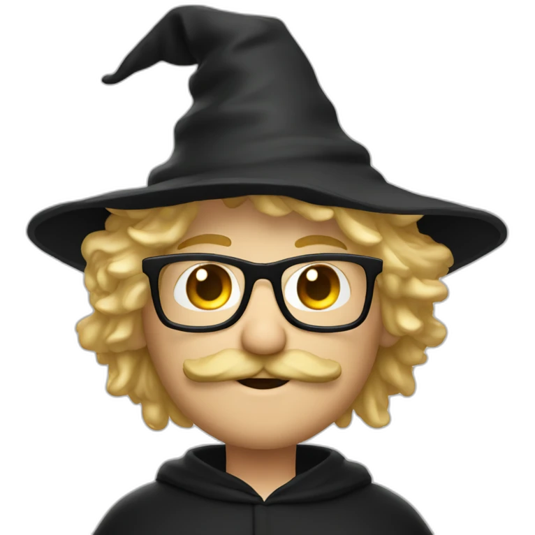 A man with blond messy hair and a mustache, wearing a black squared shaped eye glasses, wizard hat, black  robe emoji