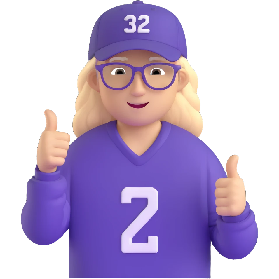 Man with black and white cap, purple sports jersey with number 32, clear glasses, light blond mullet hairstyle, thumbs up emoji