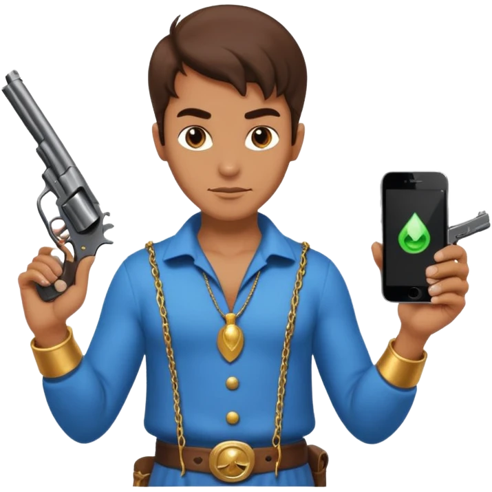 genie holding a revolver in one hand and an iphone on the other emoji