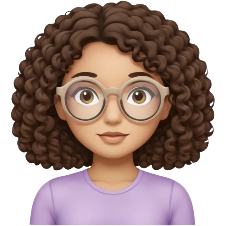 Memoji-style illustrated girl with dark brown curly hair, round glasses, large brown eyes, soft rounded face, warm beige skin tone, wearing neutral Pilates activewear, calm wellness aesthetic, pastel colors, sticker-style digital illustration, smooth shading, white outline. emoji