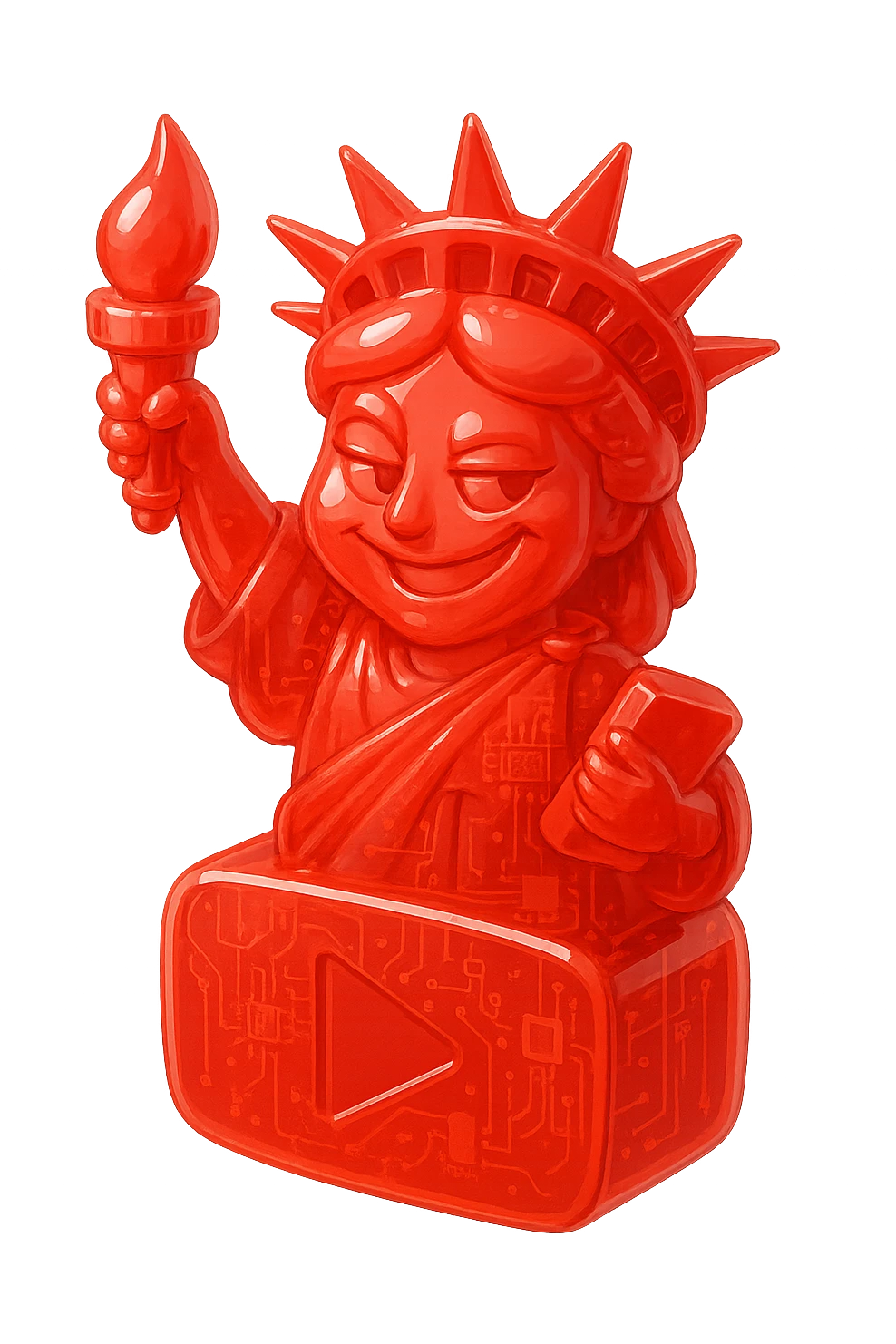 red Statue of Liberty with a playful sarcastic grin, red YouTube play button, glossy circuit style emoji