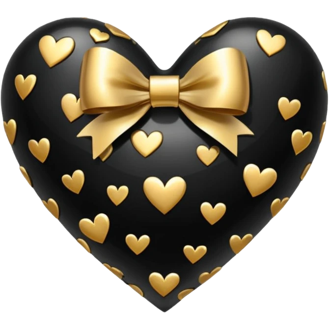 glossy black heart with a gold bow and heart pattern on the bow, in a pointed heart shape emoji