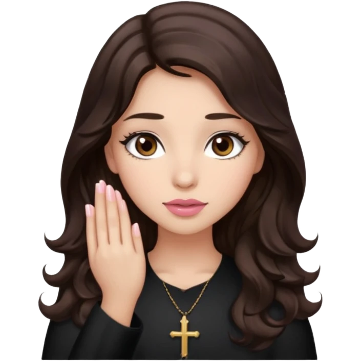 girl with wavy long glamorous dark brown hair, brown eyes, light to medium complexion, long lashes, light pink lipstick, praying emoji