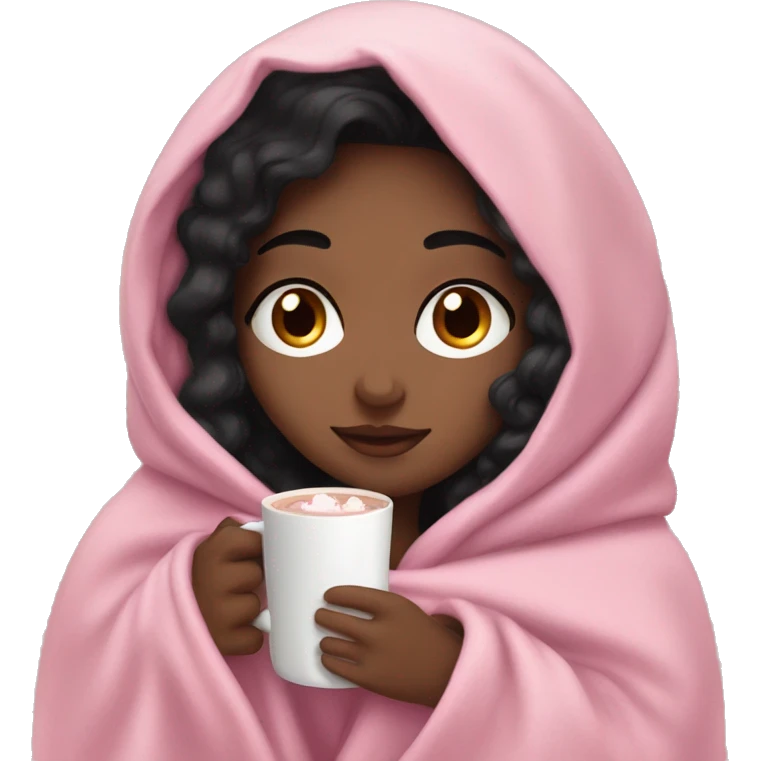 black haired girl snuggled up in a pink blanket drinking hot chocolate  emoji