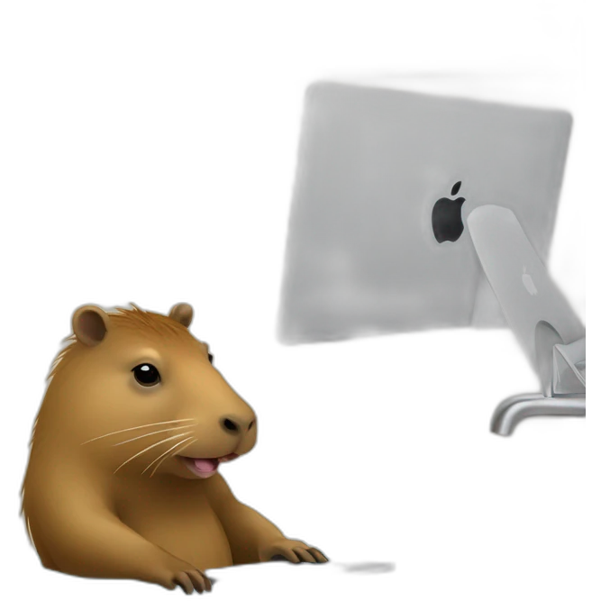 Capybara with a Macbook in the bathroom, around a duck emoji