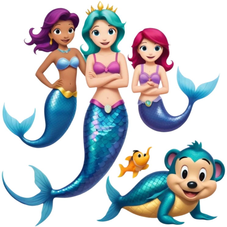 Colorful icon for Animated Movies: mermaid costume and could A vibrant collage featuring iconic characters like Goofy, Mickey Mouse, Franco, Masha and the Bear and Luntik. Each character should be large and bright, set against a cheerful and playful background of Disneyland. Transparent background. emoji