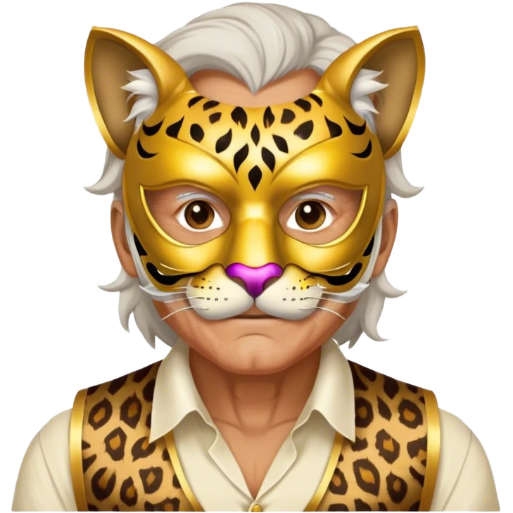 a fat old man, with a vest,  wear half-face golden panther masquerade mask emoji
