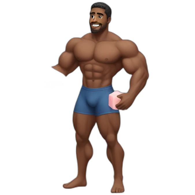 black muscular man picking up a pink soap emoji