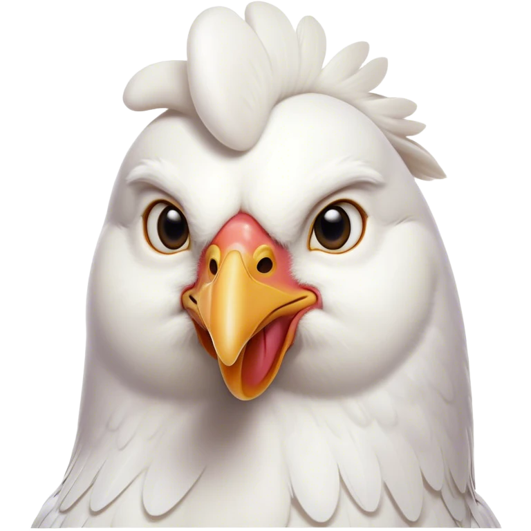 Cinematic Noble White Chicken Portrait Emoji, Poised and regal, with a compact, sturdy build and a pristine, well-groomed pure white plumage, deep-set soulful beady eyes, Simplified yet sharp and sophisticated features, highly detailed, glowing with a soft, dignified glow, high shine, intelligent and alert, stylized with an air of barnyard elegance, focused and attentive, soft glowing outline, capturing the essence of a watchful and confident fowl, so majestic it feels as though it could strut out of the screen with effortless authority! emoji