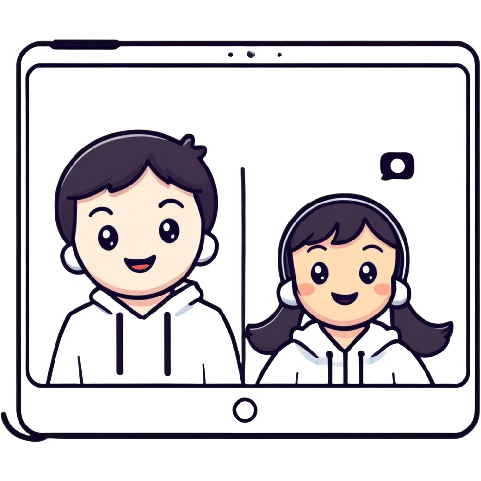 boy and girl having a video call, smiling at each other on screens emoji
